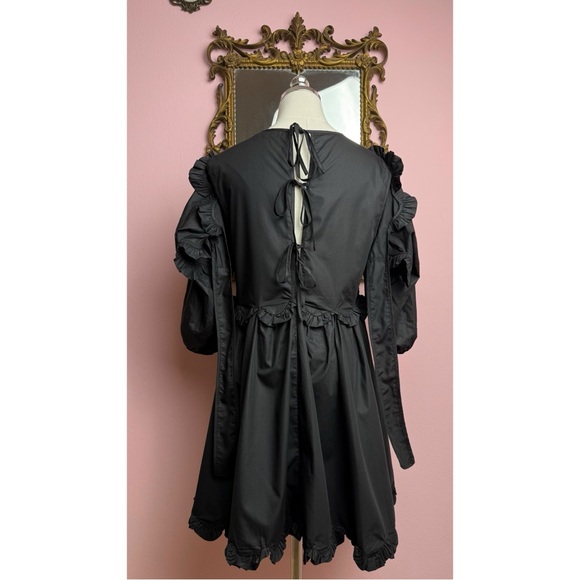 En Saison Black Poplin Scalloped Ruffle Tie Babydoll Mini Dress Small - Picture 3 of 11